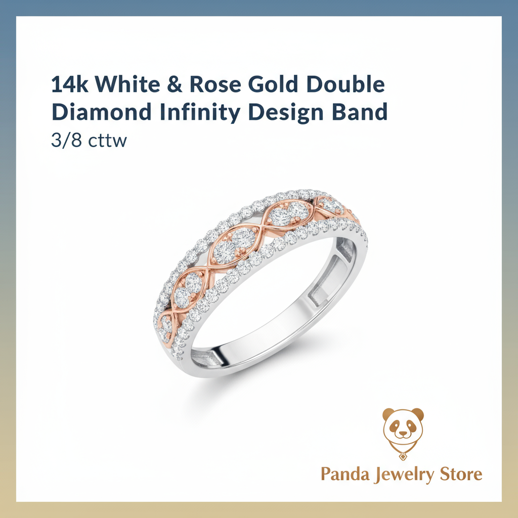 14k White & Rose Gold Double Diamond Infinity Design Band with Panda Jewelry Store logo.