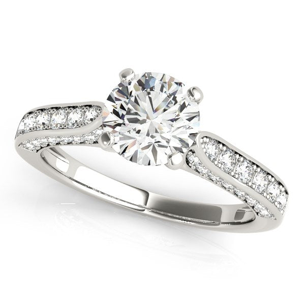 14K White Gold Round Cathedral Diamond Engagement Ring with sparkling 1.5 cttw center diamond.