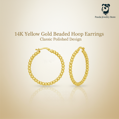 🍷14K Yellow Gold Polished Large Bead Hoop Earrings