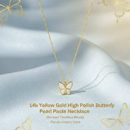 ❄️14k Yellow Gold High Polish Butterfly Peral Paste Necklace