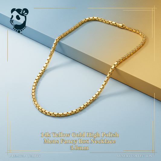 ❄️14k Yellow Gold High Polish Mens Fancy Box Necklace (5.0mm)