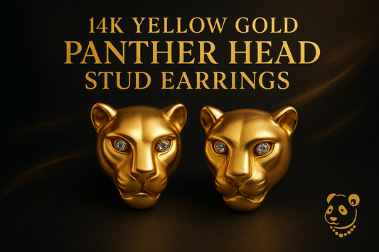 14k Yellow Gold Panther Head Stud Earrings Banner with Panda Logo