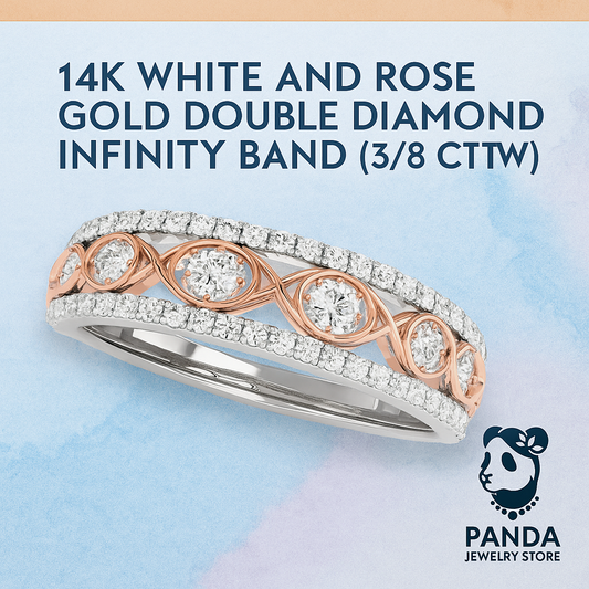14K white and rose gold double diamond infinity band with Panda Jewelry Store logo.