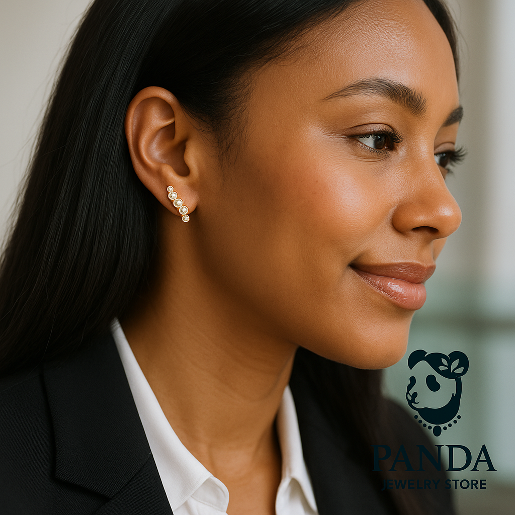 Woman wearing earrings with a blurred background and Panda Jewelry Store logo.