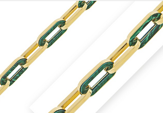 14k Yellow Gold Malachite Paperclip Gem Link Bracelet (7.00 mm)