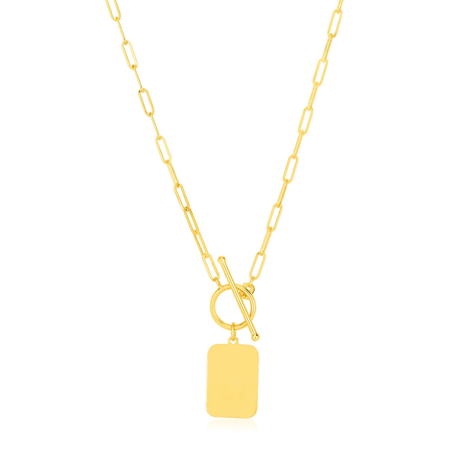 Gold necklace with a rectangular tag pendant on a white background
