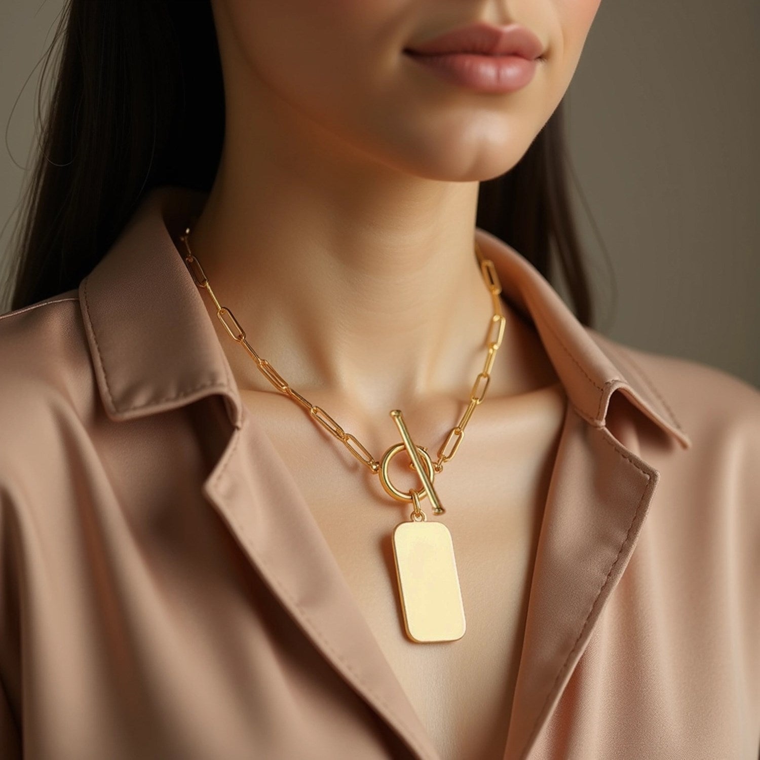 Close-up of a person wearing a gold necklace with a tag pendant.