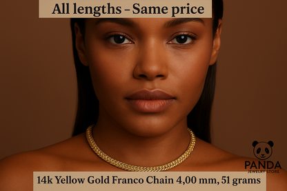 Close-up of the Diamond Cut Round Franco Chain in 14k Yellow Gold on a woman's neck.
