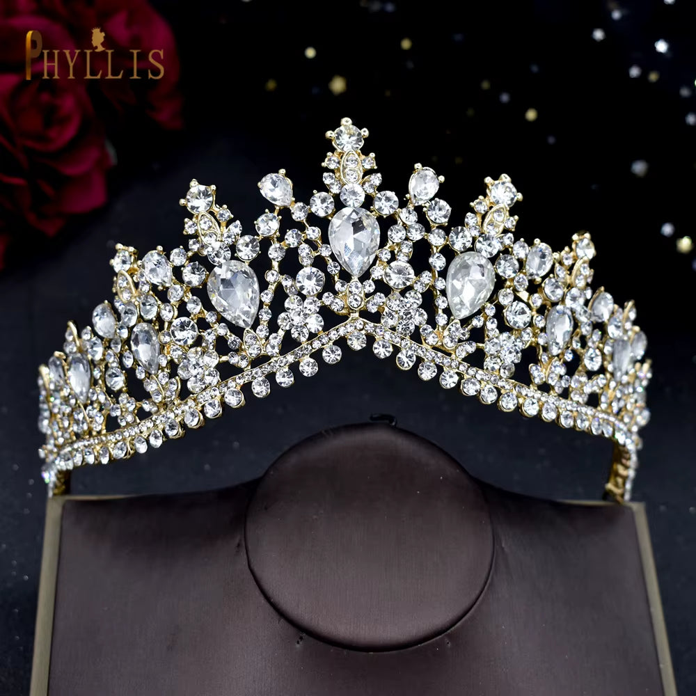 A158 New Golden Bride Crown Princess Headwear Birthday Rhinestone Headband Wedding Hair Jewelry Bridal Tiaras Vintage Headpieces