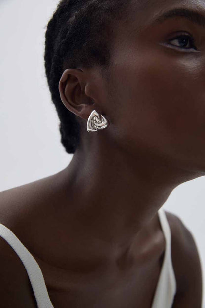 Elegant Silver Swirl Triangle Stud Earrings – Minimalist Geometric Jewelry for Women