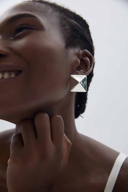 Geometric Pyramid Stud Earrings – Sterling Silver 3D Statement Jewelry