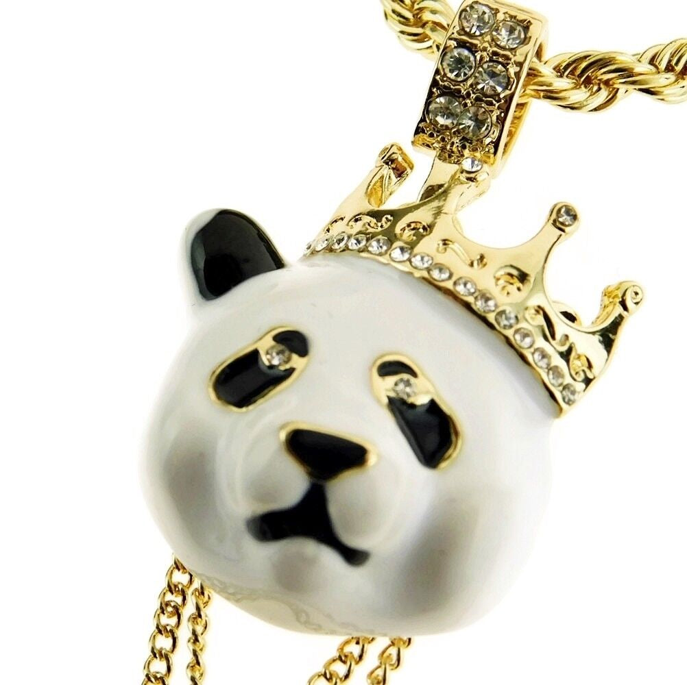 Crown Panda Rope Chain White Bear Pendant Gold Plated Hip Hop Necklace 24" Inch