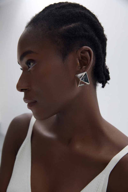 Geometric Pyramid Stud Earrings – Sterling Silver 3D Statement Jewelry