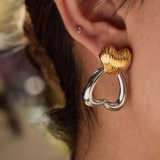 Two-Tone Heart Stud Earrings – Gold & Silver Stainless Steel Design