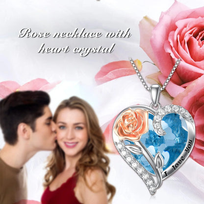 Valentines Day Gifts for Women Sterling Silver Rose Flower Pendant Necklaces with Heart Crystal March Birthstone Necklace Pendant Jewelry Valentines Day Gifts,Created Aquamarine