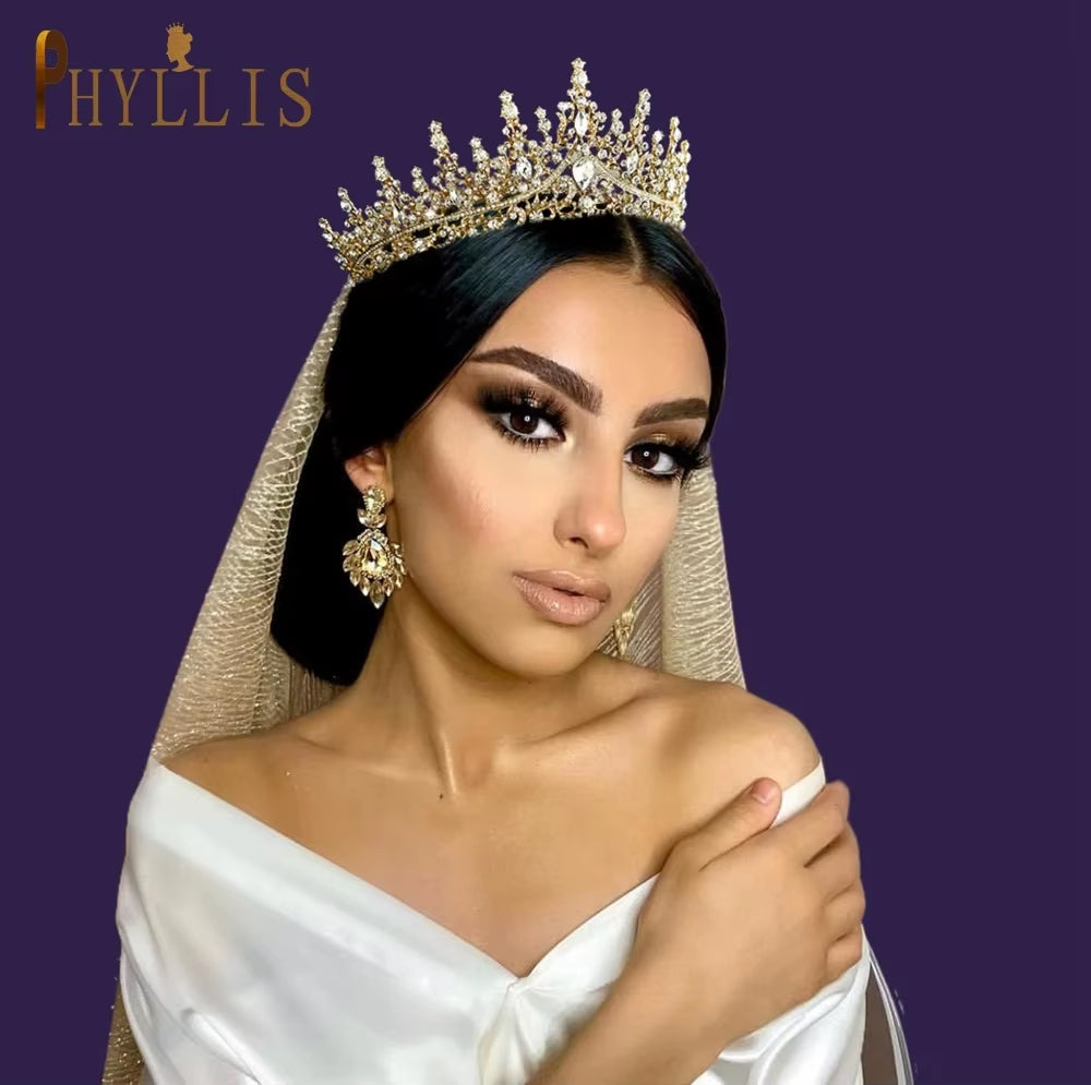 A158 New Golden Bride Crown Princess Headwear Birthday Rhinestone Headband Wedding Hair Jewelry Bridal Tiaras Vintage Headpieces