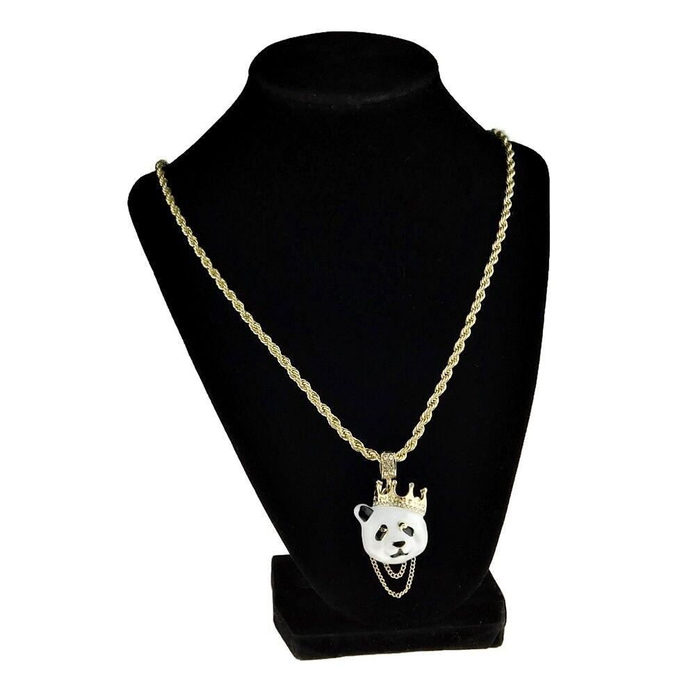 Crown Panda Rope Chain White Bear Pendant Gold Plated Hip Hop Necklace 24" Inch