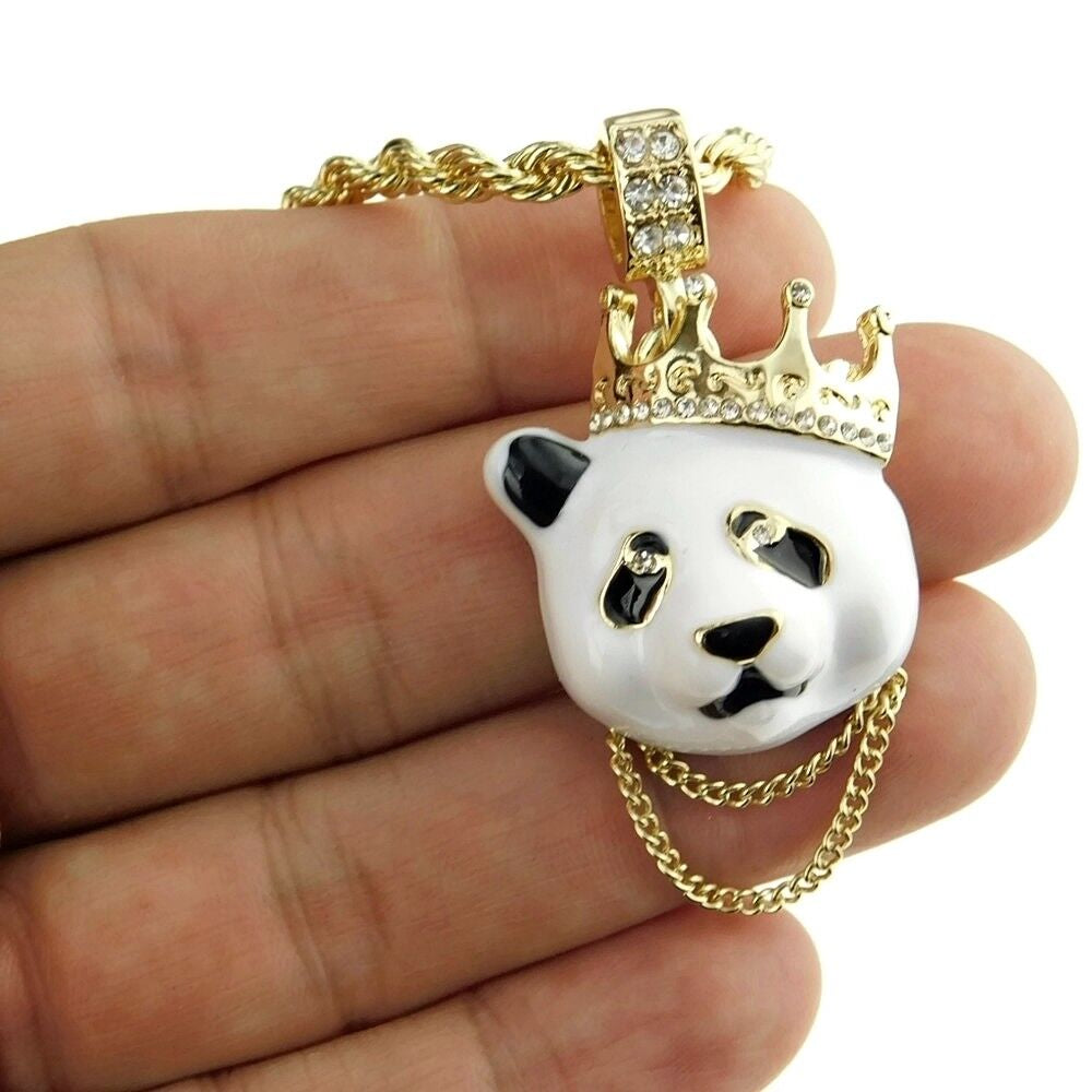 Crown Panda Rope Chain White Bear Pendant Gold Plated Hip Hop Necklace 24" Inch