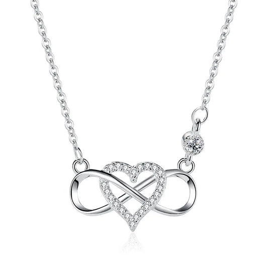 925 silver pendant with micro pave stones in heart and infinity symbol on chain