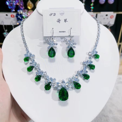 Green Emerald Waterdrop Pendant Zirconia Necklace Earrings Women New Silver Color Bridal Wedding Fashion Jewelry Set Party Gifts