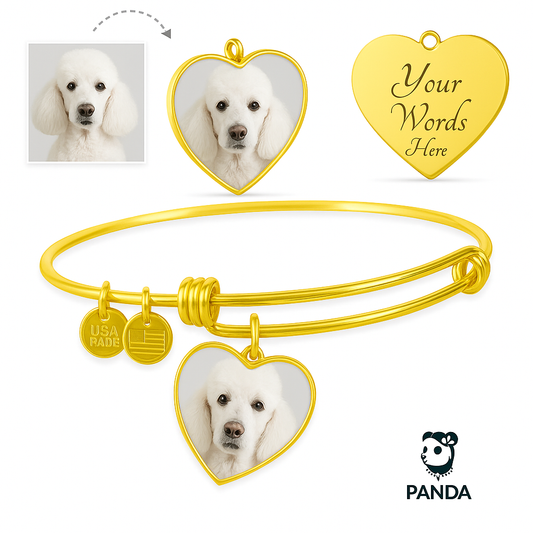 Gold bracelet with heart-shaped charms featuring a dog's face, with 'Your Words Here' tag and Panda brand logo.