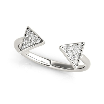 Silver ring with triangle-shaped gemstones on a white background
