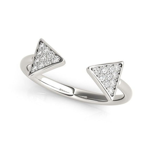 Silver ring with triangle-shaped gemstones on a white background