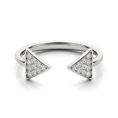 Silver ring with triangle-shaped diamond stones on a white background