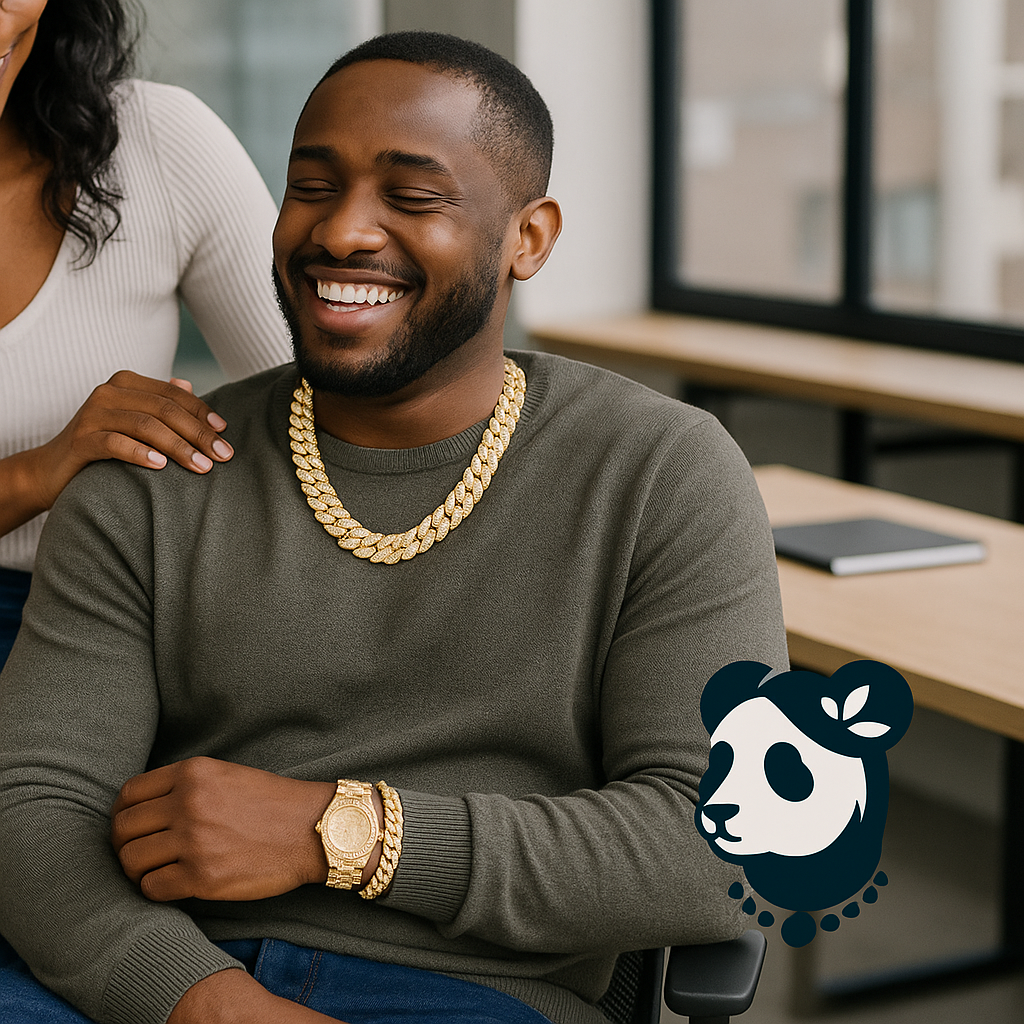 Man wearing a gold chain and watch, smiling with a woman's hand on his shoulder in an office setting.