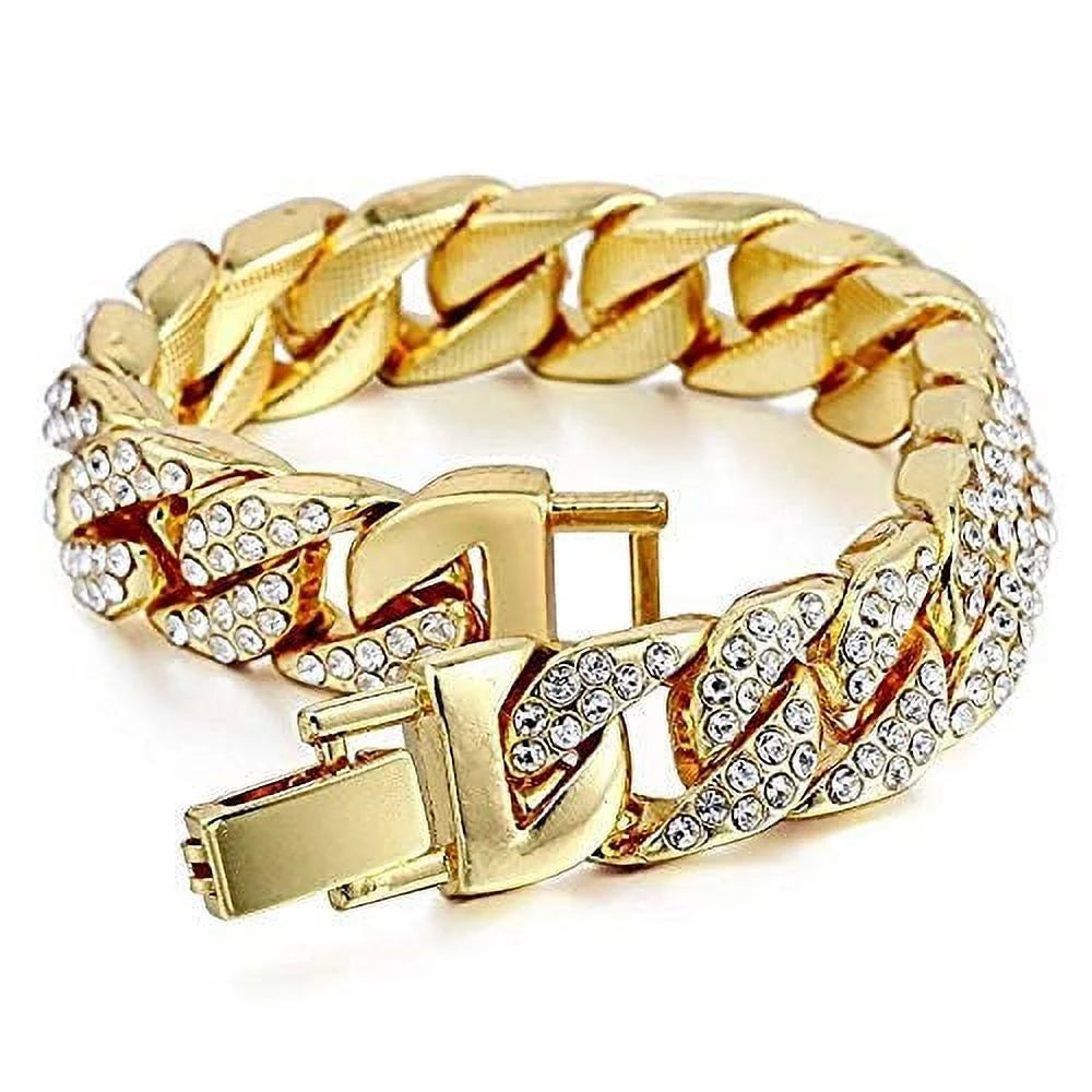 Gold chain bracelet with diamond accents on a white background