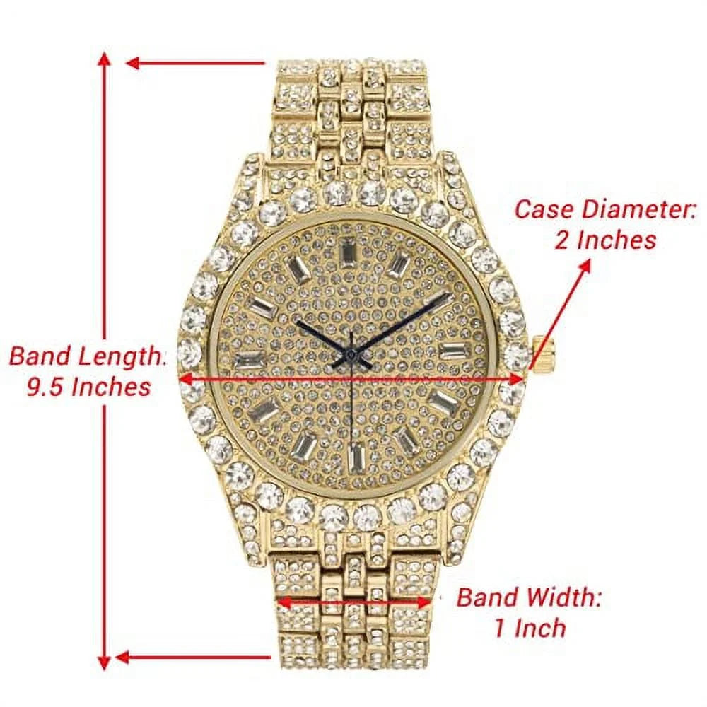 Gold watch with diamond accents and measurements on a white background