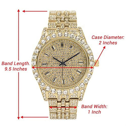 Gold watch with diamond accents and measurements on a white background