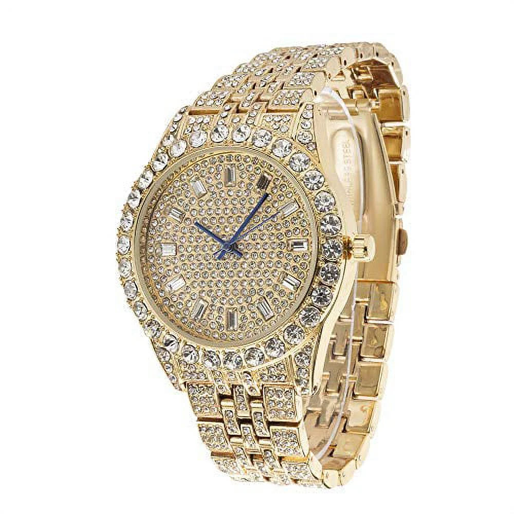 Gold watch with diamond-studded face and band on a white background