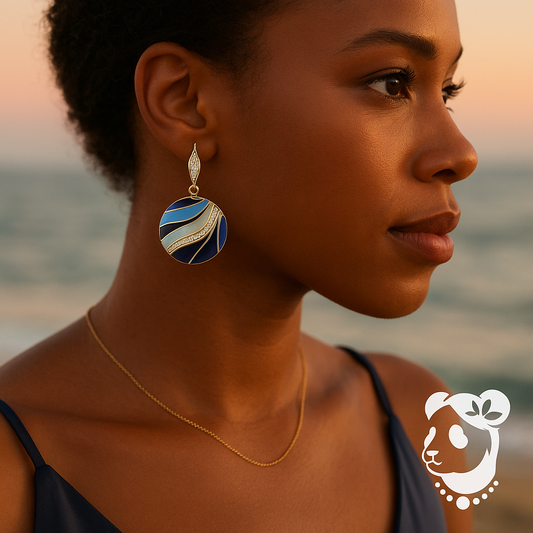 Woman wearing a large earring with a scenic background