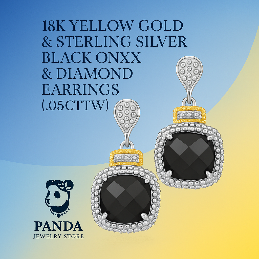 💎18k Yellow Gold & Sterling Silver Black Onyx & Diamond Earrings (.05cttw)