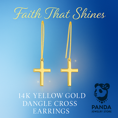 🍀14k Yellow Gold Dangle Cross Earrings