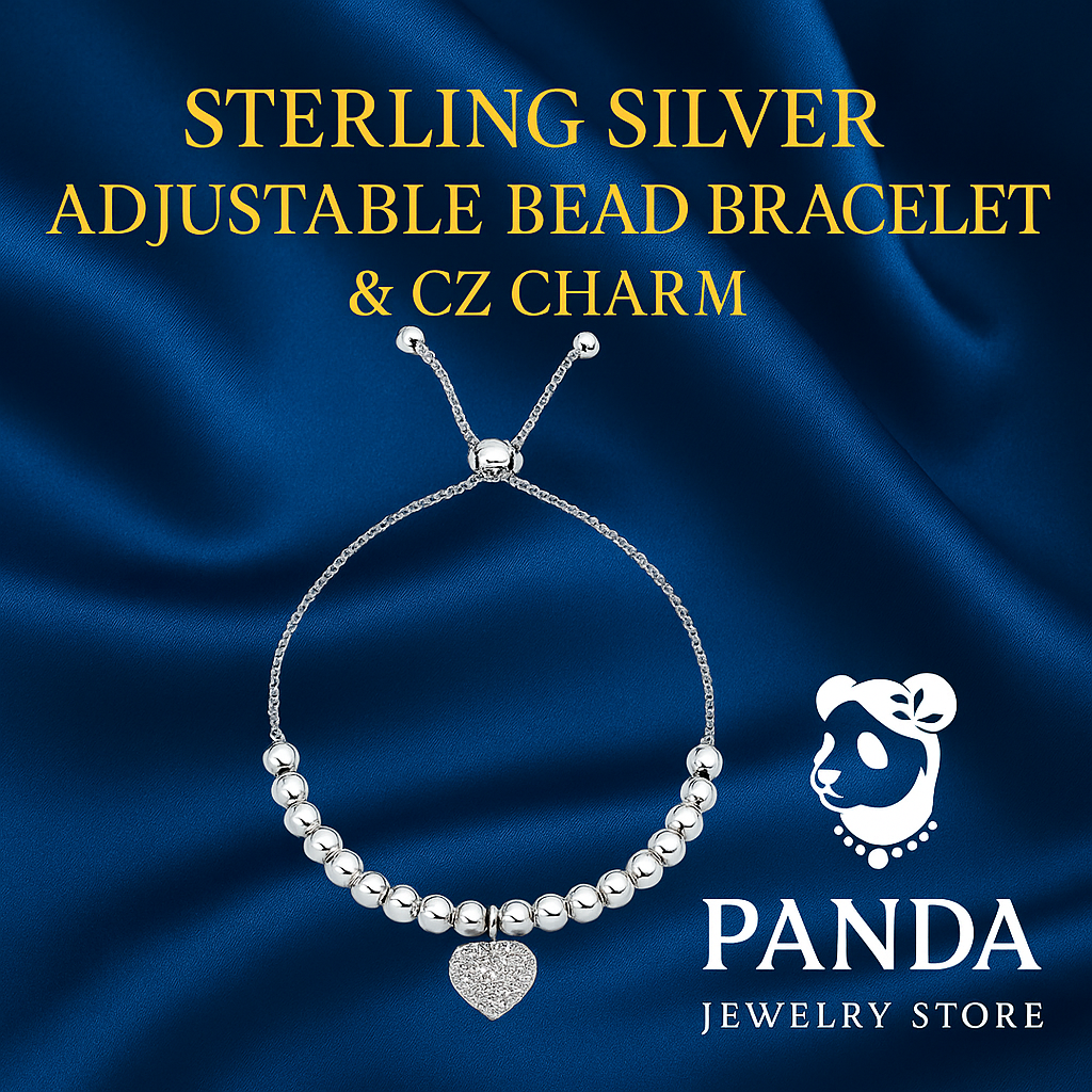 🍎Adjustable Bead Bracelet with Round Charm and Cubic Zirconias in Sterling Silver