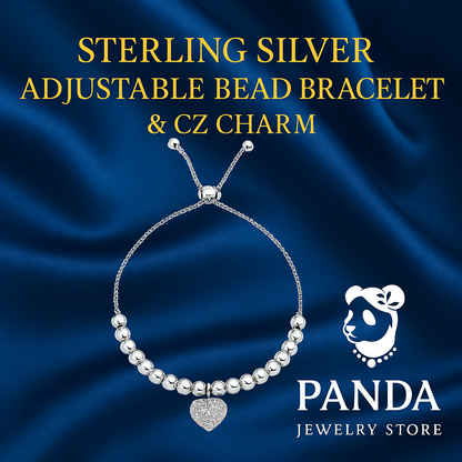 🍎Adjustable Bead Bracelet with Round Charm and Cubic Zirconias in Sterling Silver