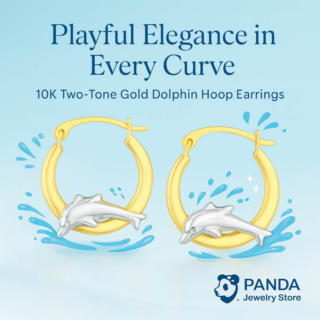 🍷10k Two-Tone Gold Round Graduated Dolphin Design Hoop Earrings