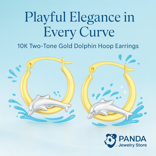 🍷10k Two-Tone Gold Round Graduated Dolphin Design Hoop Earrings