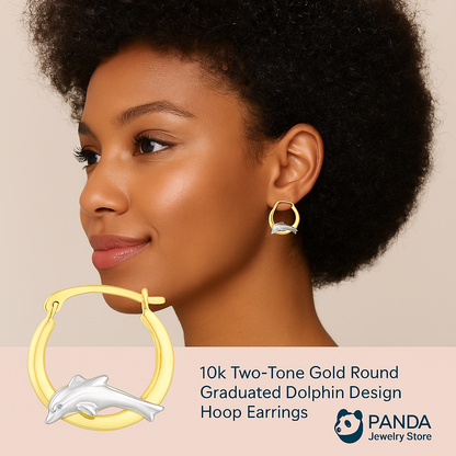 🍷10k Two-Tone Gold Round Graduated Dolphin Design Hoop Earrings