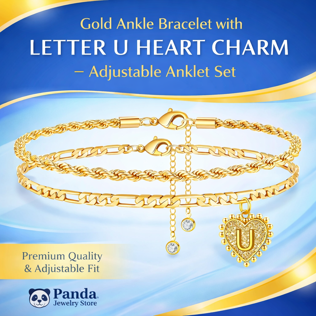 🌟Gold Ankle Bracelet with Letter U Heart Charm – Adjustable Anklet Set | Panda Jewelry