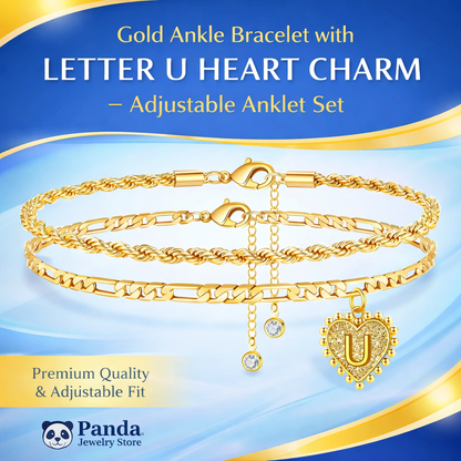🌟Gold Ankle Bracelet with Letter U Heart Charm – Adjustable Anklet Set | Panda Jewelry