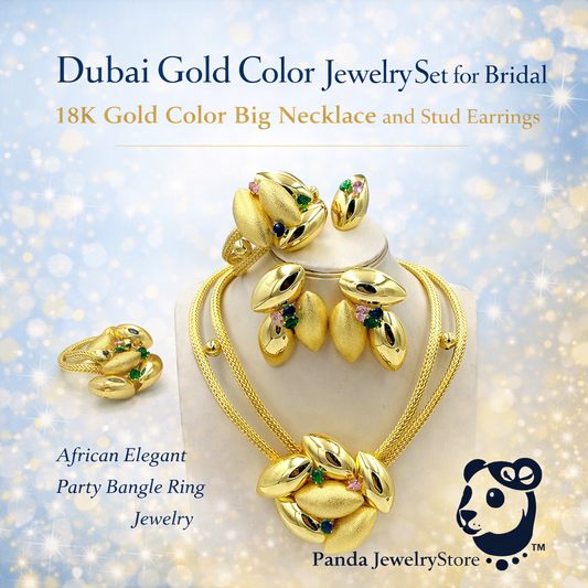🍎Dubai Gold Color Jewelry Set for Bridal 18K Gold Color Big Necklace and Stud Earrings African Elegant Party Bangle Ring Jewelry