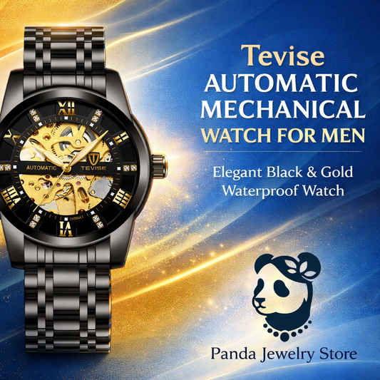 ❄️Tevise Automatic Mechanical Watch for Men – Elegant Black & Gold Waterproof Watch