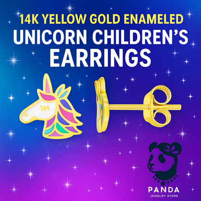🍒14k Yellow Gold Enameled Unicorn Childrens Earrings