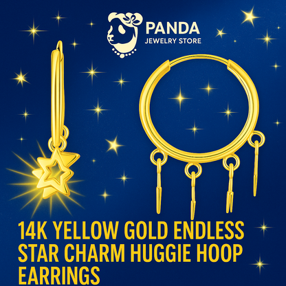 🌟14K Yellow Gold Endless Star Charm Huggie Hoop Earrings