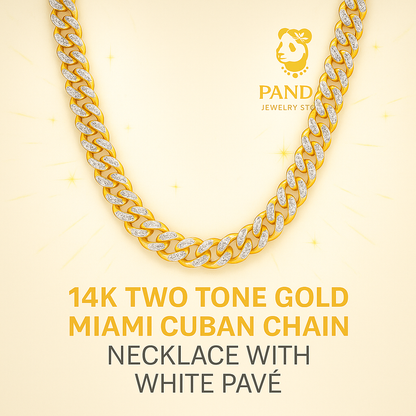 🍀14k Two Tone Gold Miami Cuban Chain Necklace with White Pave