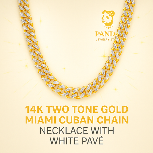 🍀14k Two Tone Gold Miami Cuban Chain Necklace with White Pave