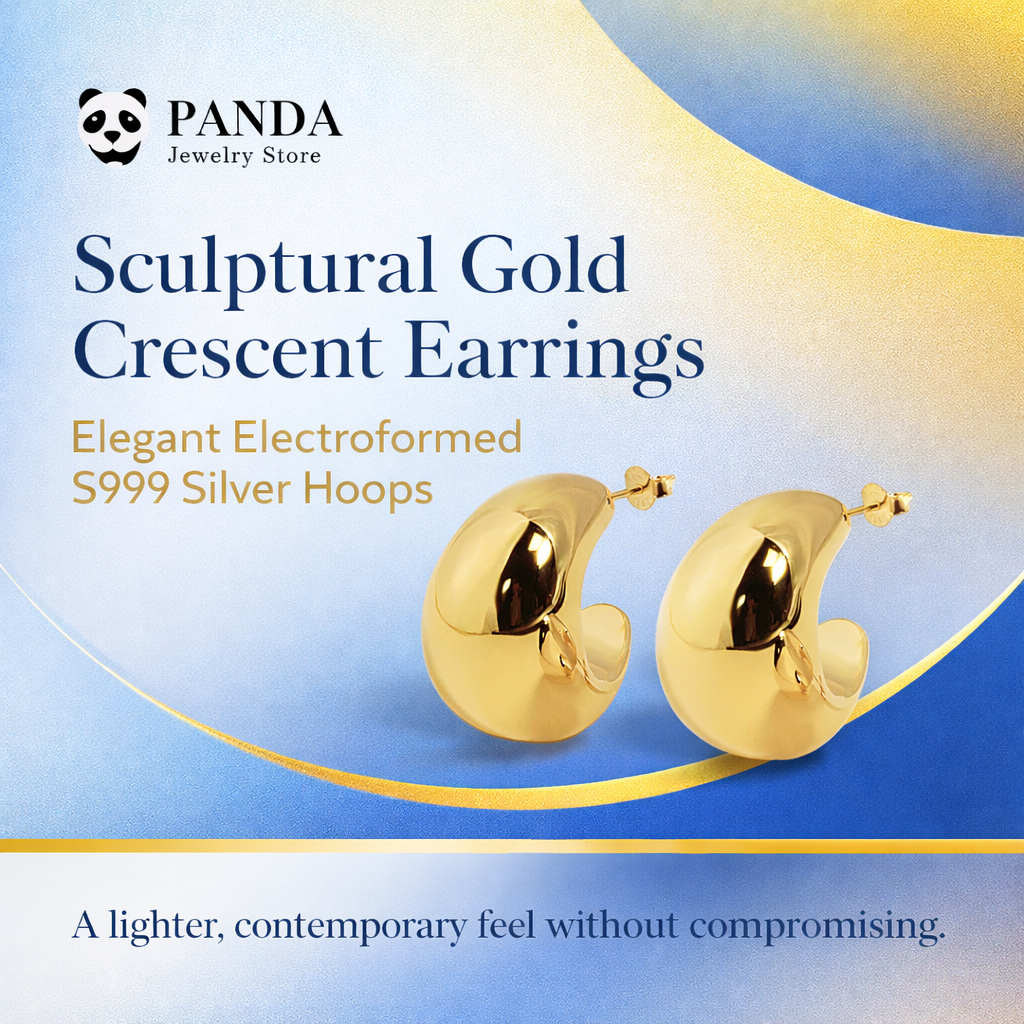 Gold crescent earrings on a blue and yellow gradient background with Panda Jewelry Store branding.